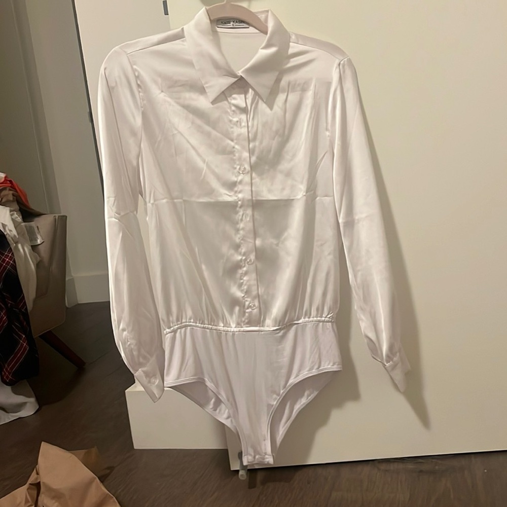 NEW satin bodysuit one piece white button down shirt